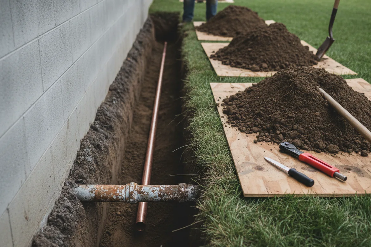 Excavated water line trench during Water Softener Installation in Globe